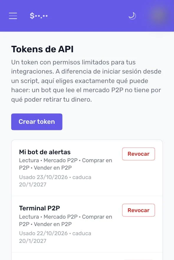 Página Tokens de API de QvaPay con el botón Crear token y la lista de tokens
