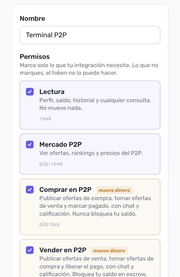 Formulario de nuevo token con el nombre Terminal P2P y los permisos Lectura, Mercado P2P, Comprar en P2P y Vender en P2P marcados