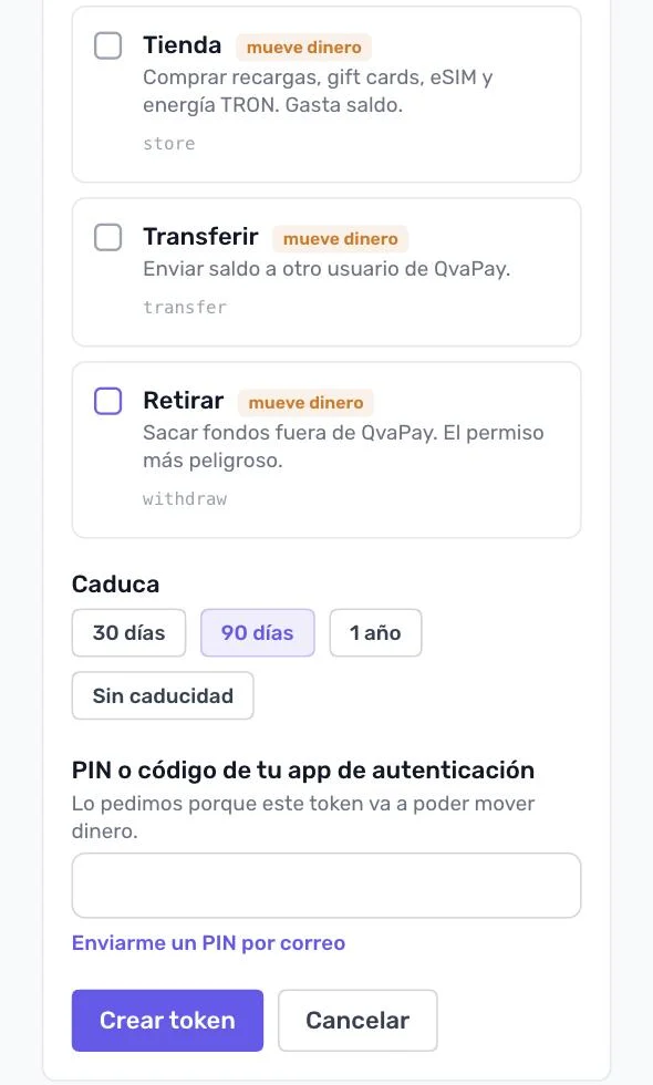 Permisos Tienda, Transferir y Retirar sin marcar, caducidad de 90 días y campo para el PIN