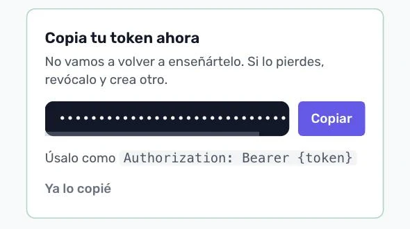 Recuadro Copia tu token ahora con el token oculto y el botón Copiar