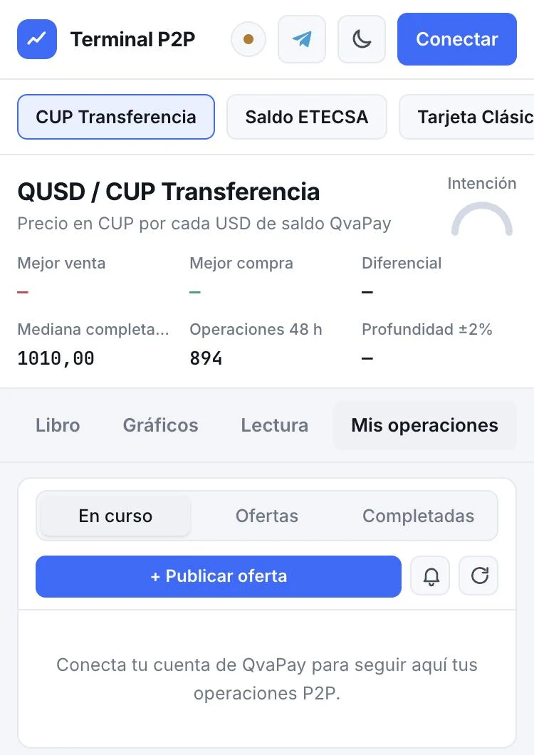 Terminal P2P en el móvil sin cuenta conectada, con el botón Conectar arriba a la derecha