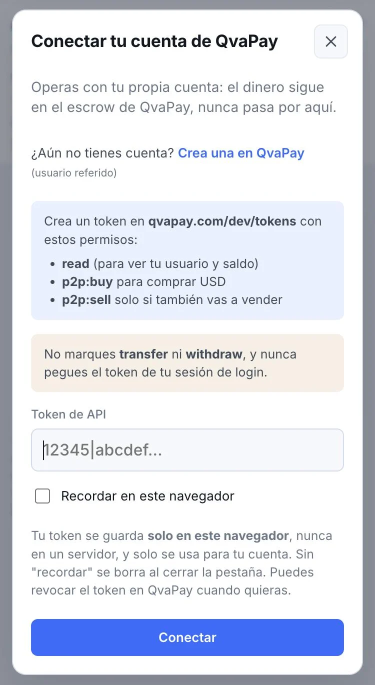 Ventana para conectar la cuenta de QvaPay en Terminal P2P