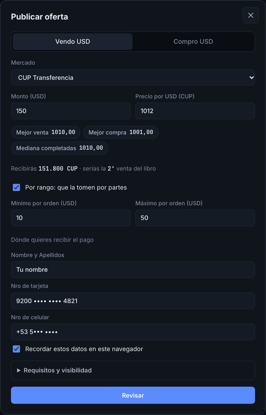 Formulario para publicar una oferta de venta por partes, con referencias del mercado y el puesto que tendría en el libro