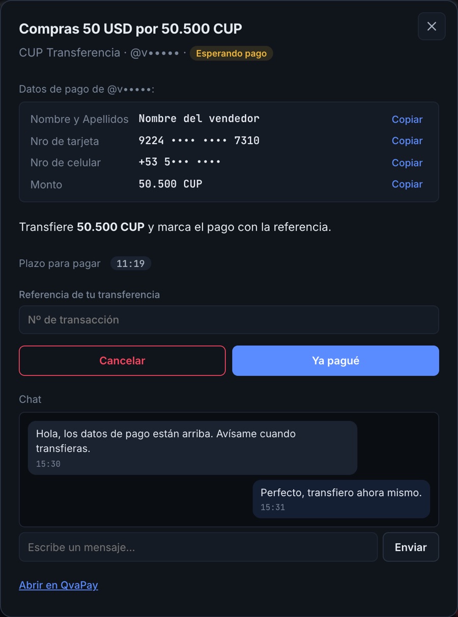 Detalle de una operación con los datos de pago para copiar, la cuenta atrás del plazo y el chat