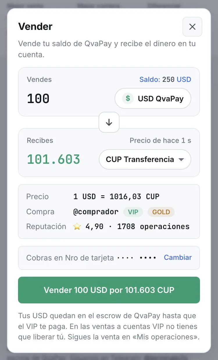 Ventana Vender: vendes 100 USD de saldo QvaPay y recibes 101,603 CUP por transferencia